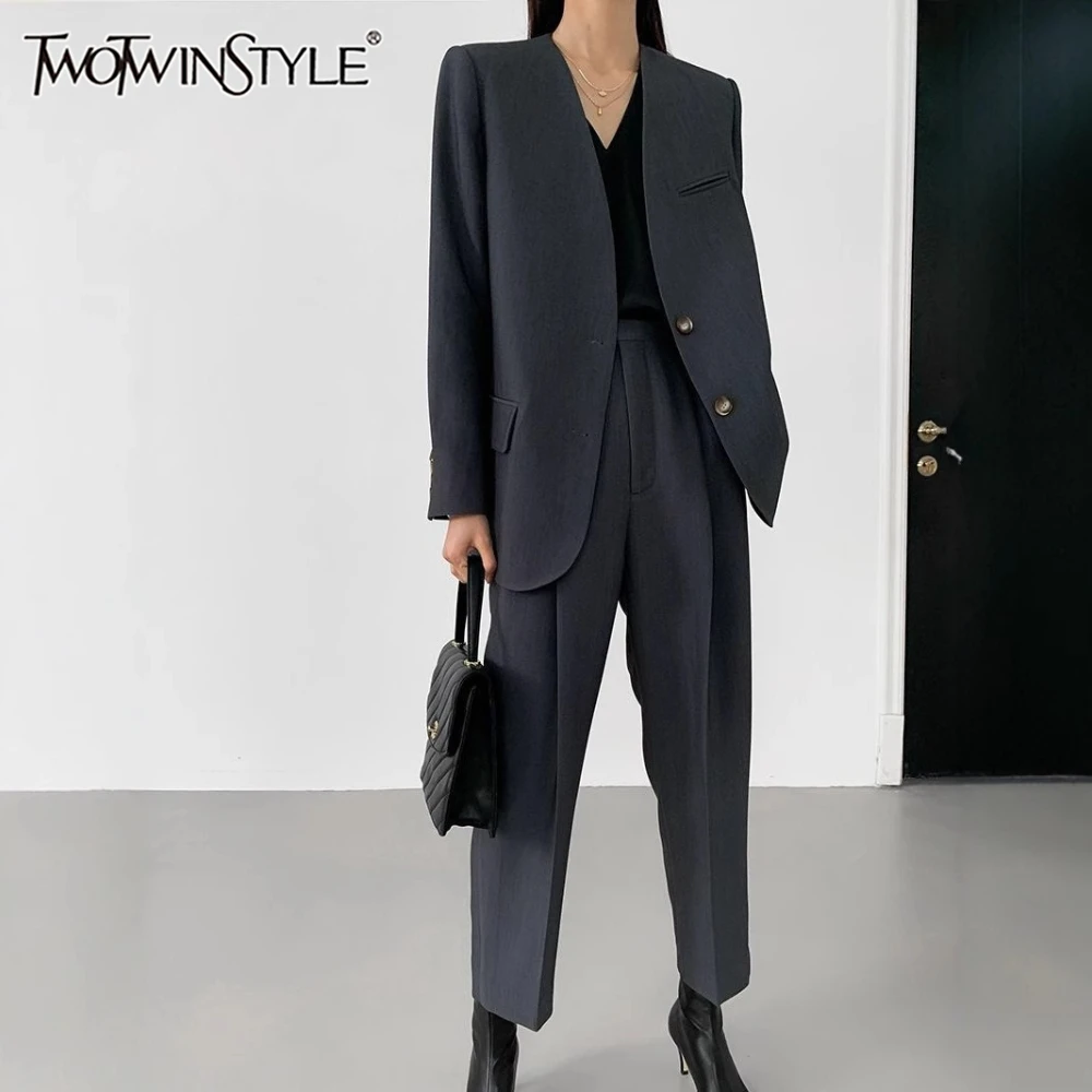 TWOTWINSTYLE Grau Gespleißte Tasche Zwei Stück Set Weibliche V-ausschnitt Langarm Jacke Büro Minimalistischen frauen Hosen Set Mode