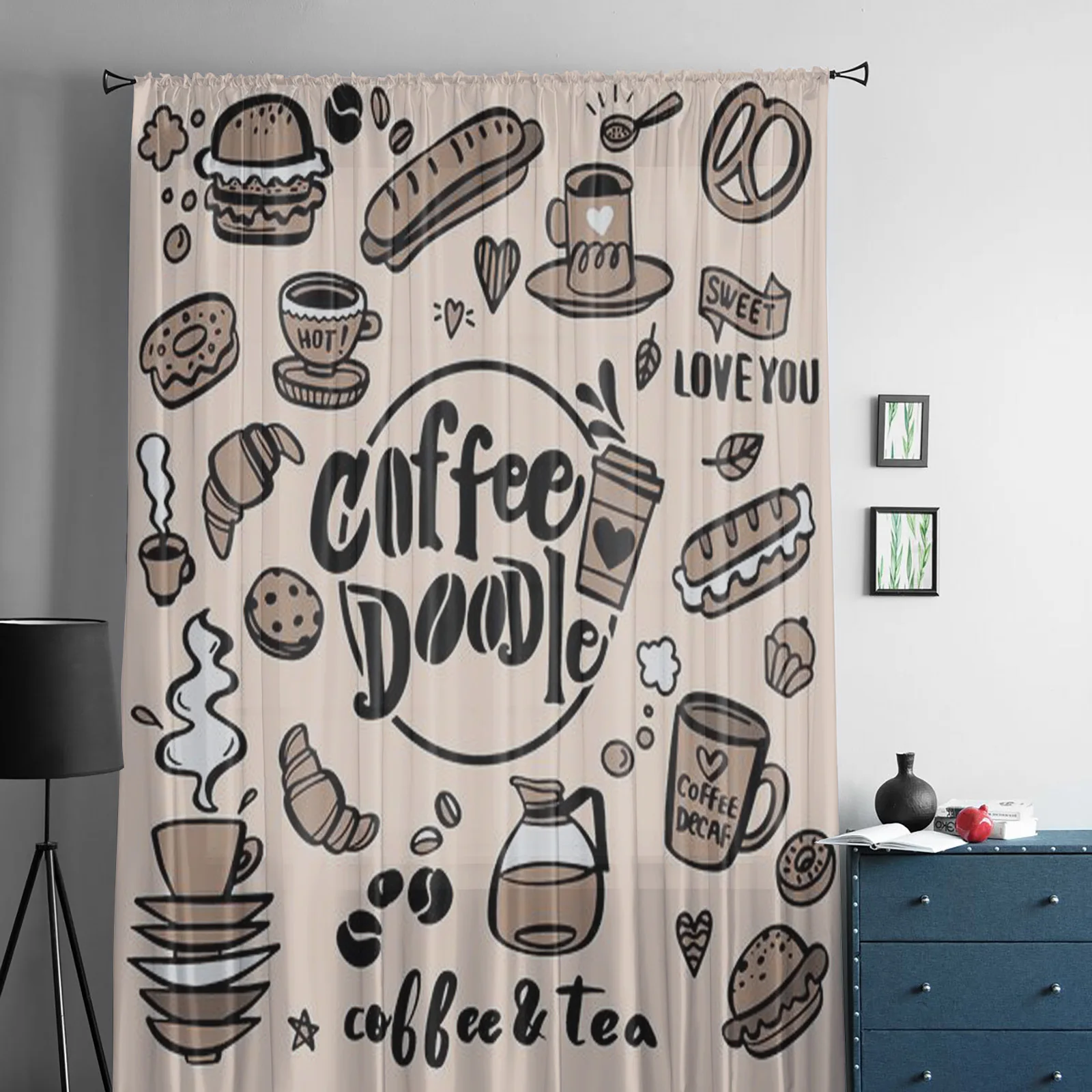 Cute Doodle Coffee Shop Icons Sheer Window Curtains for Living Room Girl Bedroom Tulle Curtains Kitchen Veil Chiffon Drapes