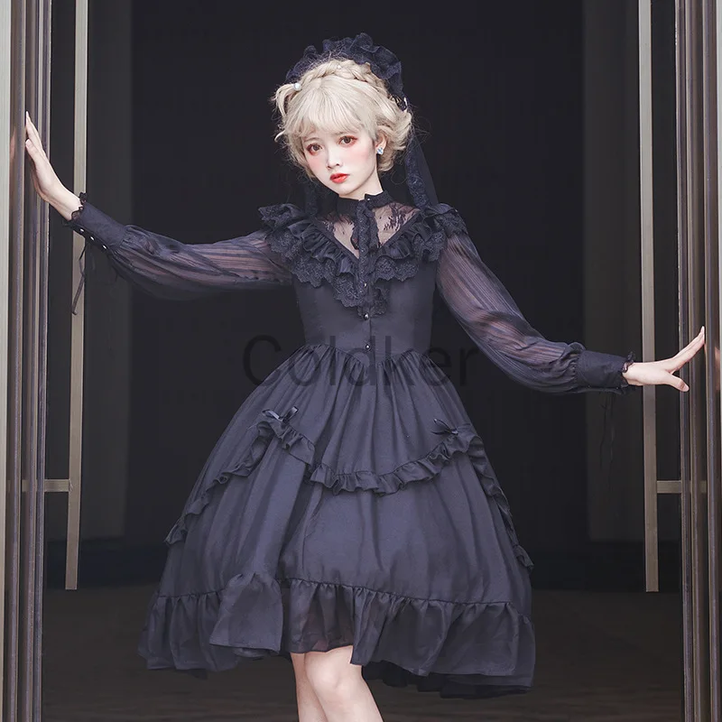 

Sweet Cute Lolita Dress Costumes Chiffon Splicing Lace Perspective Lantern Sleeve Court Retro Long Sleeve Ruffle Fairy Dresses