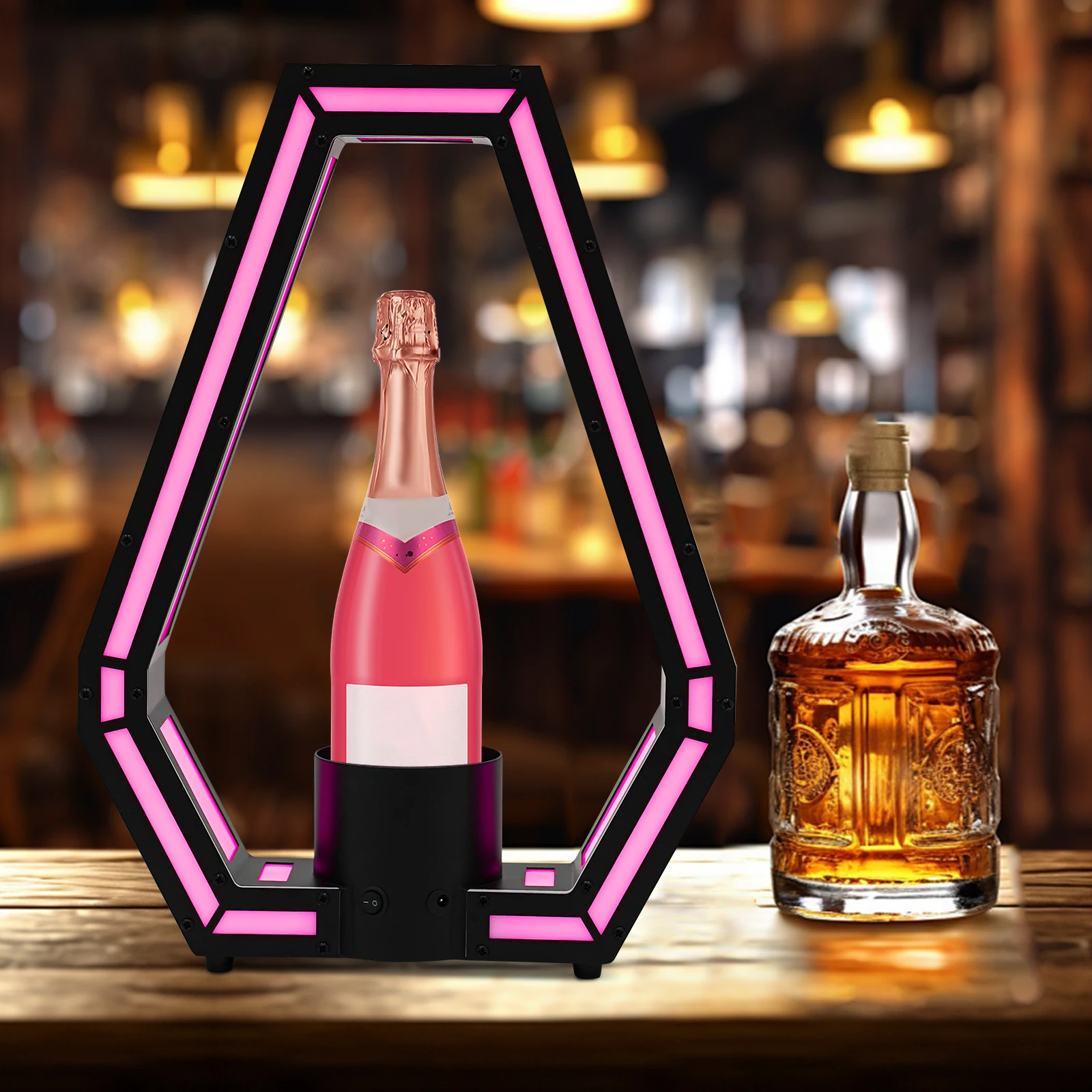 LED Rhombus Liquor Bottle Iron Display Shelf, 7 Colors Free Standing Glowing Wine Bottle Display 14.2*3.1*17.7in for Hotel, Bar
