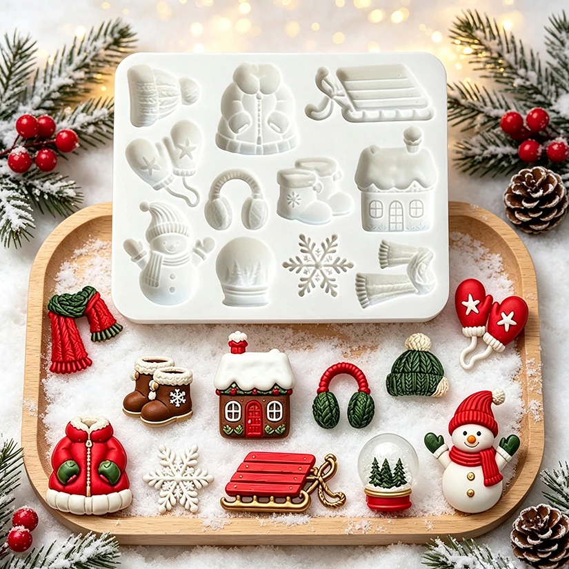 Christmas Snowman House Snowflake Snow Globe Silicone Mold for Sugarcraft Resin Cupcake Baking Fondant Cake Decorating Tools