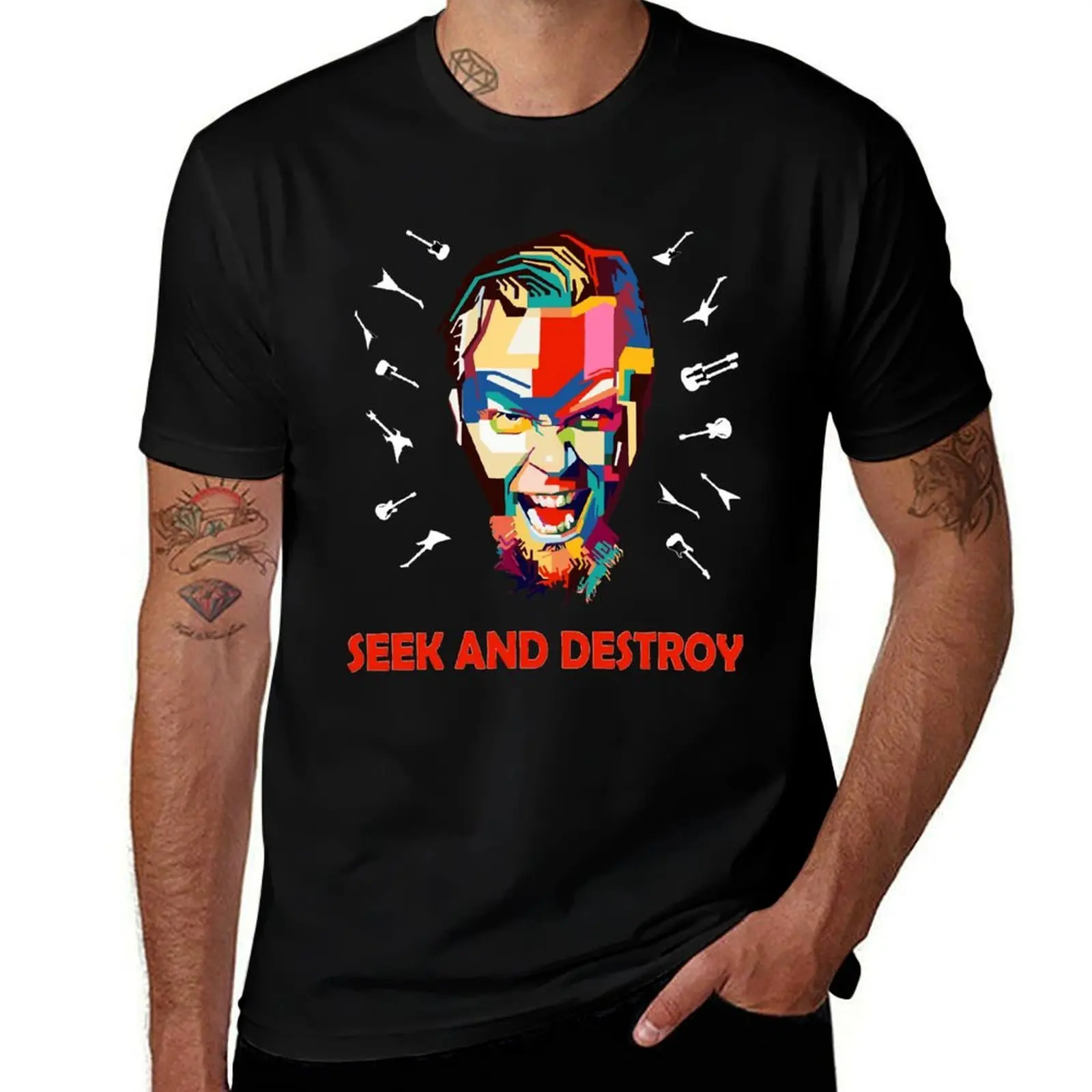 

Mens Best Music Seek and Destroy James Hetfield T-Shirt Basic Solid Color Short Sleeve T-Shirt