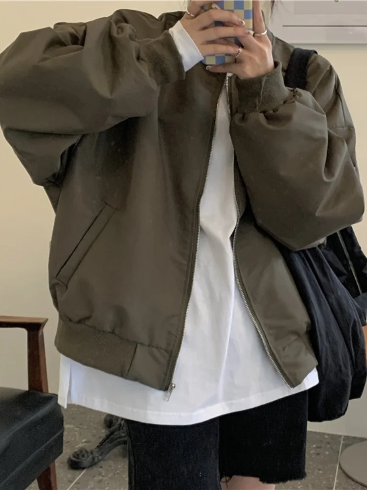 

Oversized Bomber Jacket Women Vintage Korean Fashion Zipper Baseball Coat Female Autumn Casual Loose Long Sleeve Y2k Windbreaker