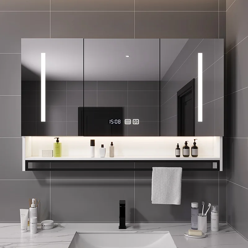 

Smart bathroom mirror cabinet wall-mounted with lamp defogging separate solid wood mirror cabinet with towel bar bathroom storag