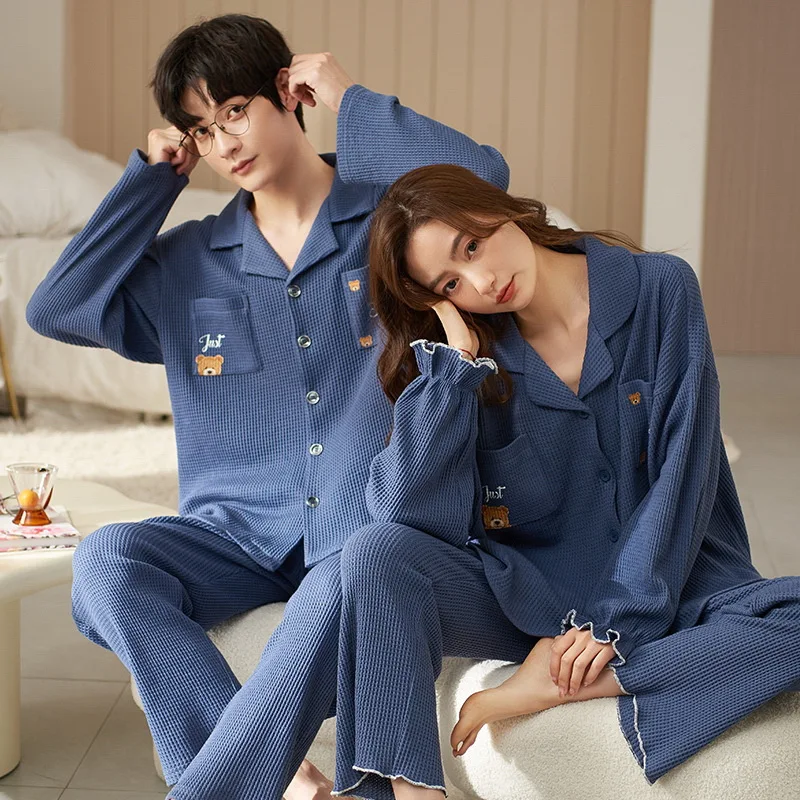 100% Cotton Couples Solid 2PCS Pajama Set 2022 Autumn New Ladies Sleepwear Long Sleeve Pijama Suit Can Be Wear Outside Men