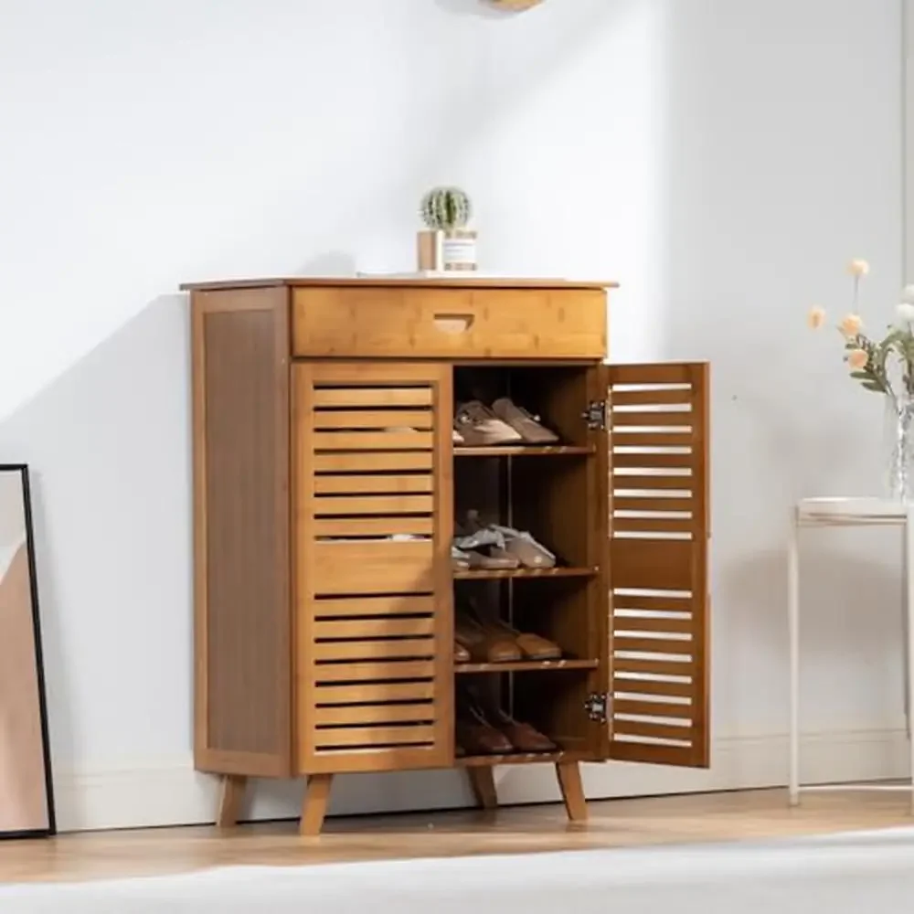 

Bamboo Shoe Cabinet Closet Organizer with Drawer & Doors Tiered Storage Shelf Rack