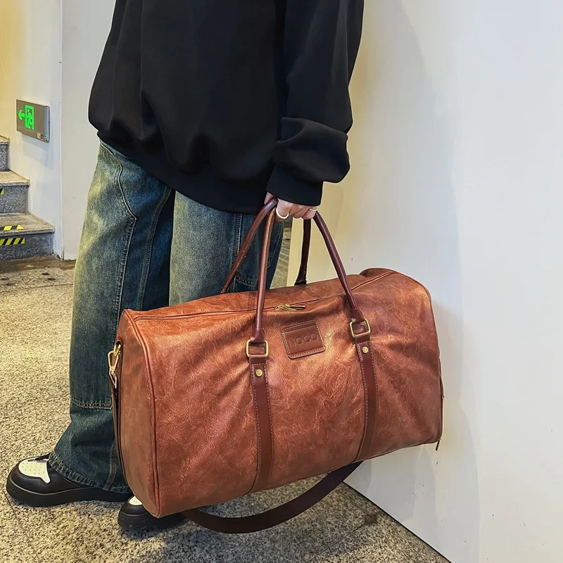 Women's Gym Fitness Bags Man Shoe Pocket PU Leather Vintage Travel Duffle Shoulder Outdoors Sports Large Capacity Bag Handbag