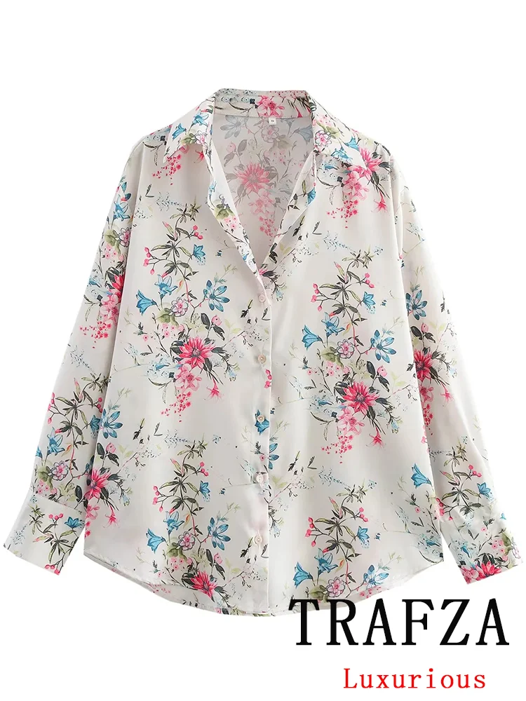 

TRAFZA Chic Print Women Blouse Long Sleeve Turn-down Collar Single Breasted Loose Blouse Fashion 2025 Spring Summer Shirts