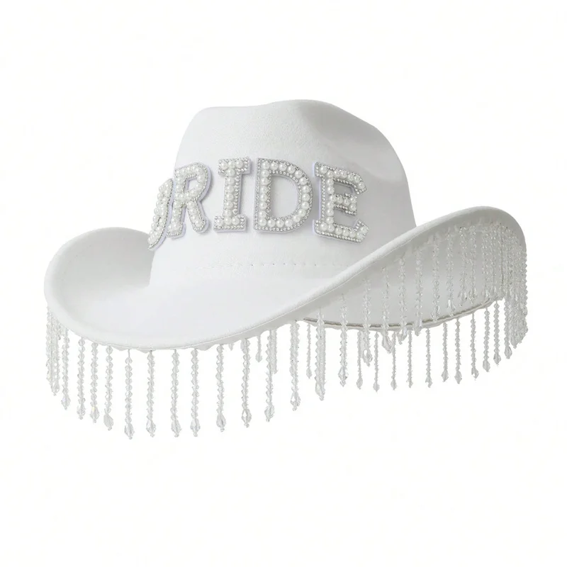 Imitation pearl fringe cowboy hat Sparkle bride wedding hat White role play jazz top hat stage show Mardi Gras lady