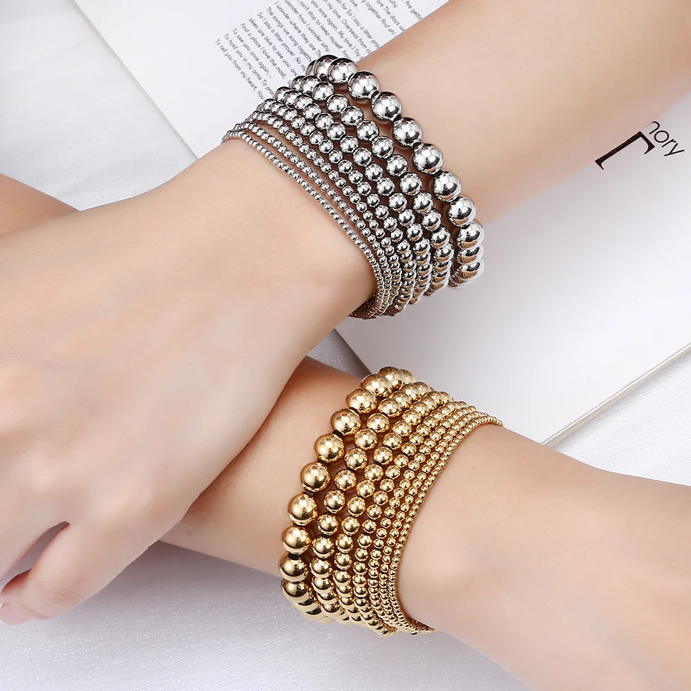 Fashion Jewelry Non Fading Waterproof Metal Ball Multiple Models Quality Smooth Solid Beads Elastic Stainless Steel Bracelets