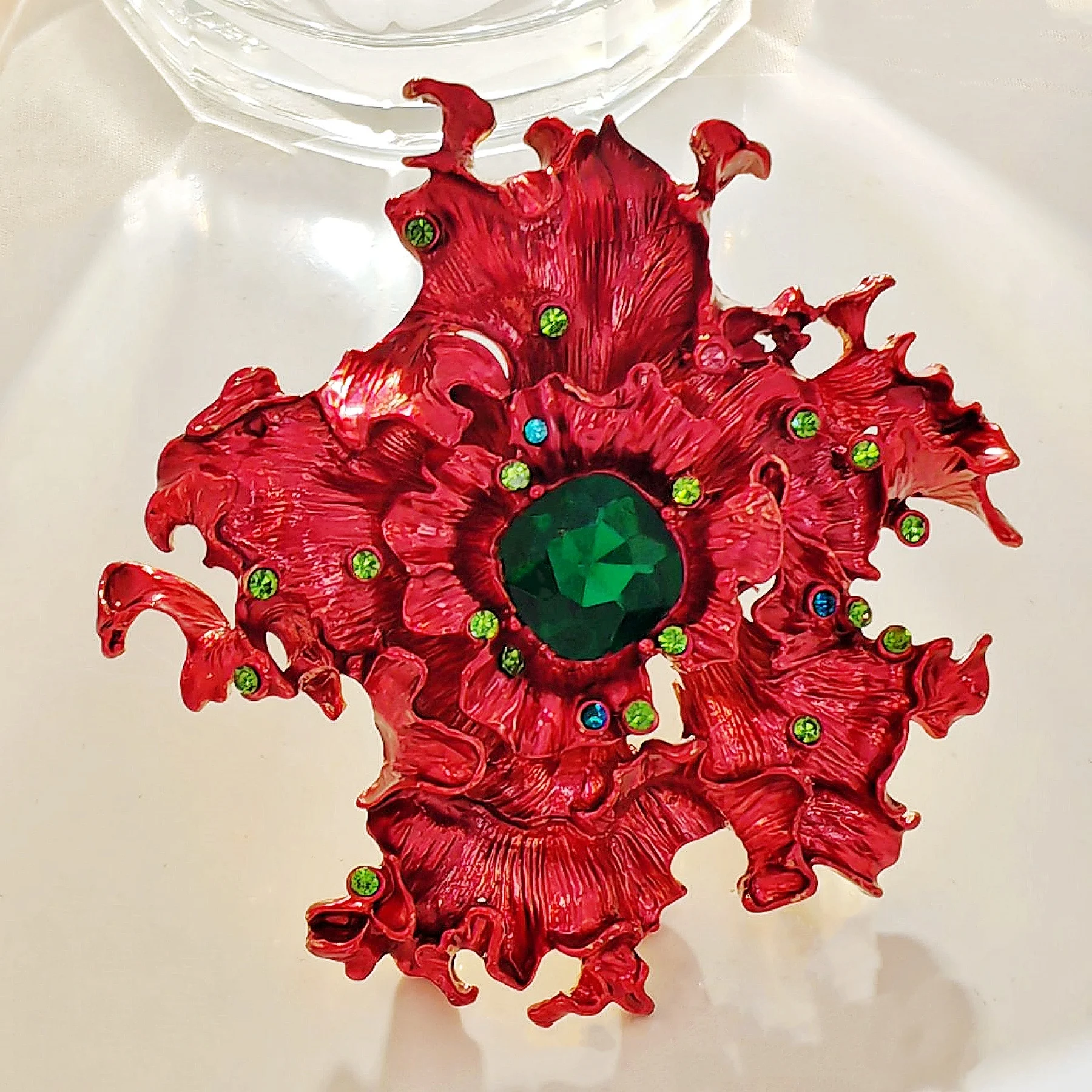 

Faerie Vintage Style Red Enamel Poinsettia Flower Brooch Pin with Crystal Accent