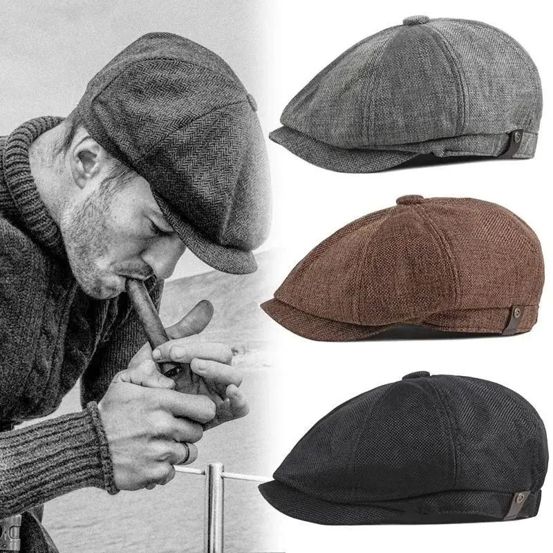 Men Vintage Herringbone Newsboy Cap Wool Blend Baker Boy Hat Retro Peaky Blinders Flat Cap Gentleman Outdoor Driving Beret Hat