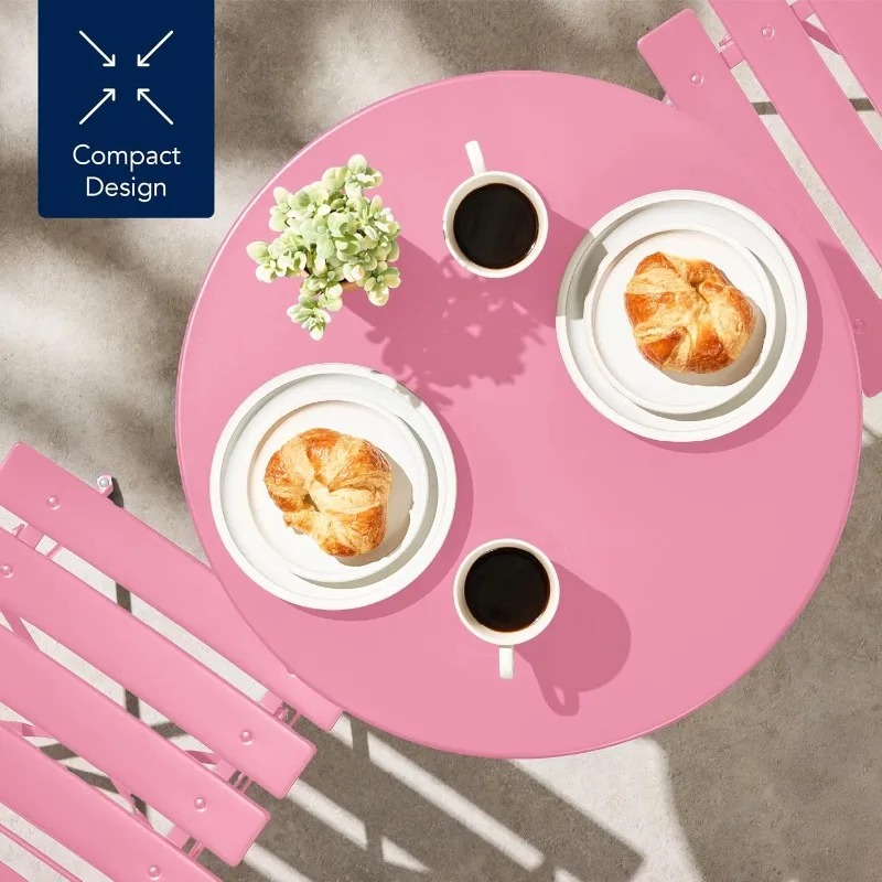 طقم بيسترو مكون من 3 قطع، تصميم قابل للطي موفر للمساحة، فولاذ صلب، طقم أثاث للفناء الخارجي مع كرسيين، صدر #6