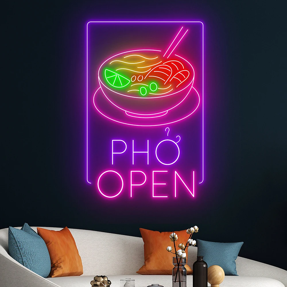 Phở Open Neon Sign Pho Real Restaurant Decoration Custom Neon Sign Vietnamese Traditional Food Shop Wall Decor LED Neon Light