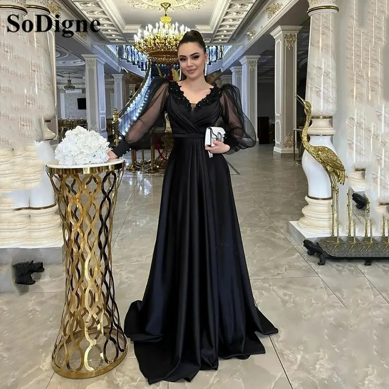 

SoDigne Elegant Long Puff Sleeves Lace Prom Dresses For Special Events 2023 V Neck Black Formal Long Woman Paty Evening Gowns