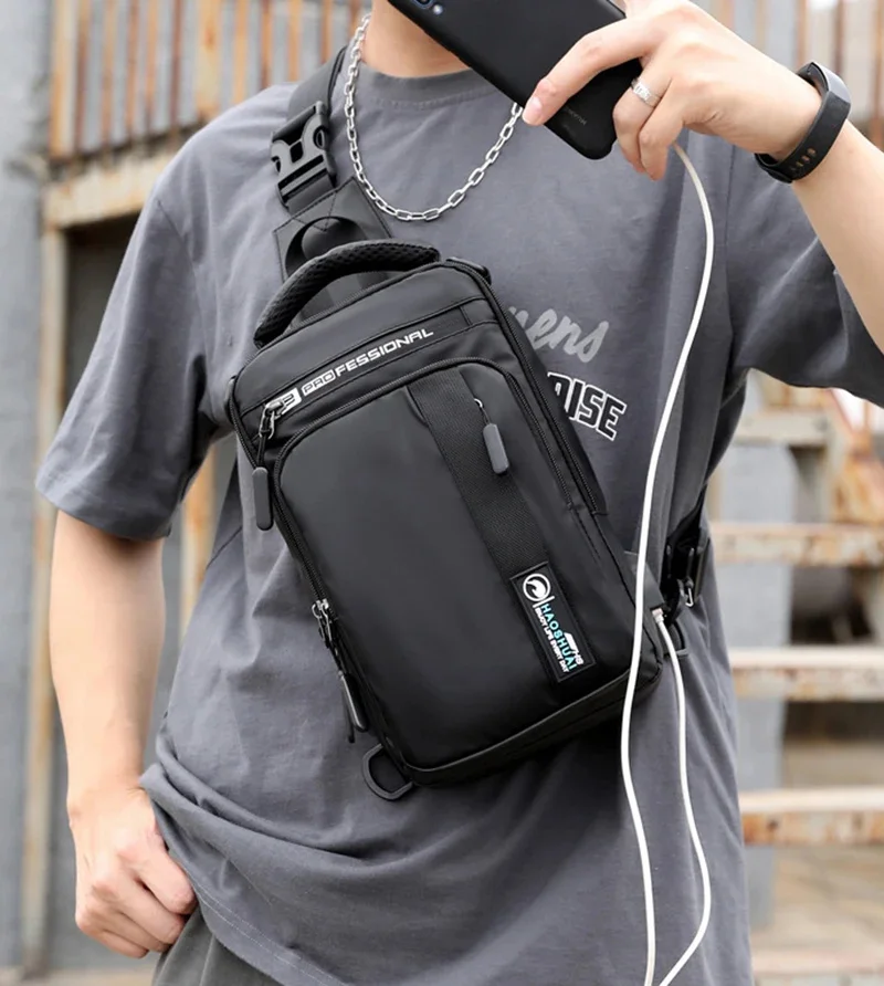 Heren Borst Pak Schoudertas Rugzak Met Usb Oplaadpoort Reisontwerper Mannelijke Nylon Sling Messenger Cross Body Rugzak