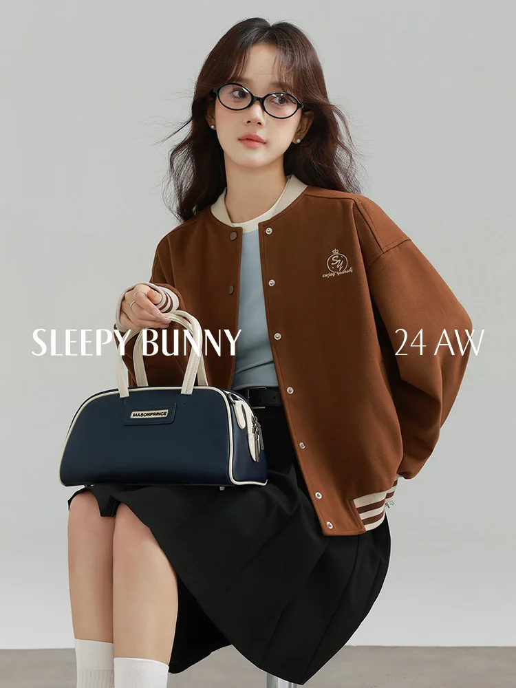 

Vintage Embroidered Baseball Jacket for Women Fall Loose Fit Fleece Varsity Coat Casual Drop Shoulder Contrast Outerwear Buttons