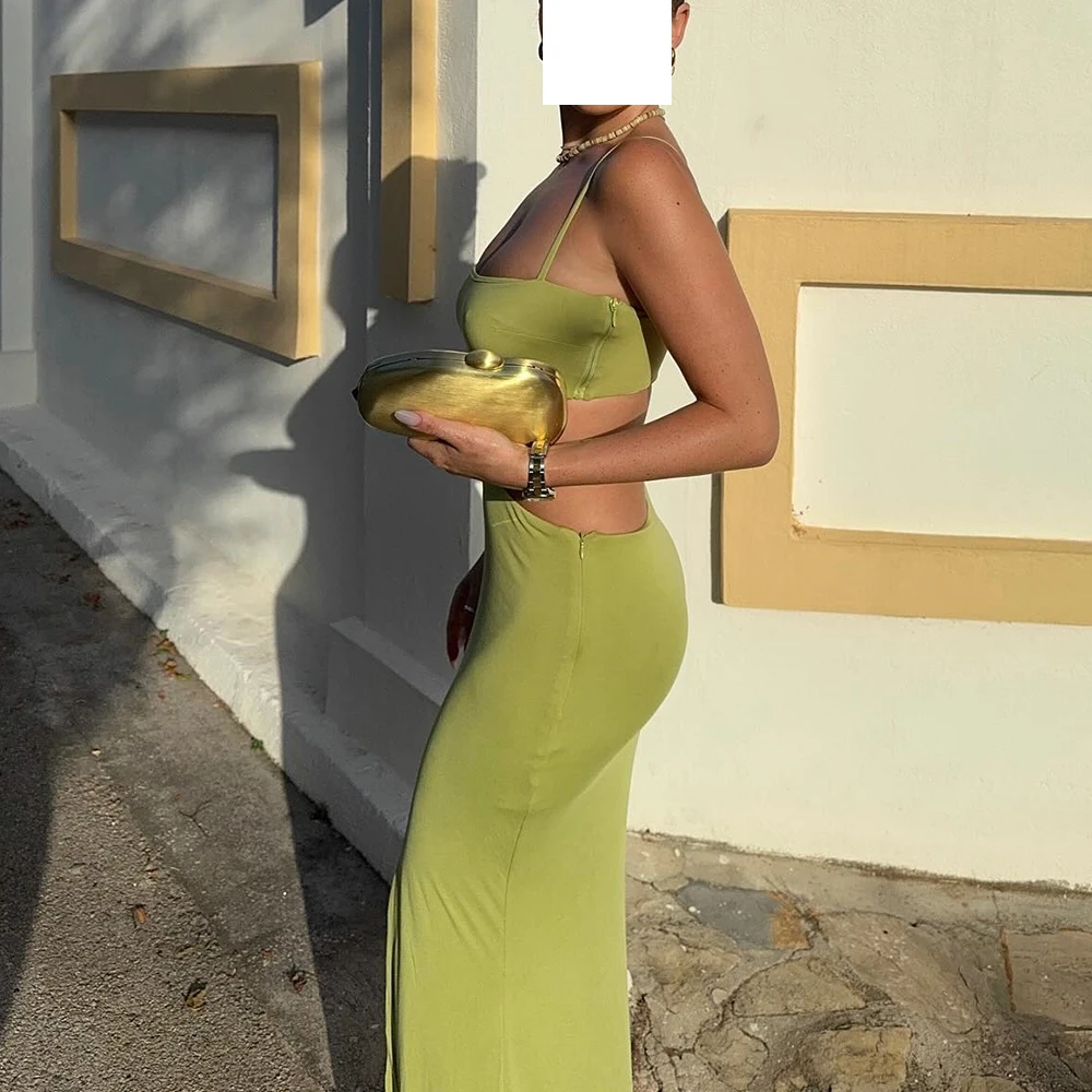 ที่กําหนดเองอารมณ์สปาเก็ตตี้สายรัด JERSEY ชุดราตรี Modern Square COLLAR แขนกุดตรงความยาวชั้น PARTY DRESS