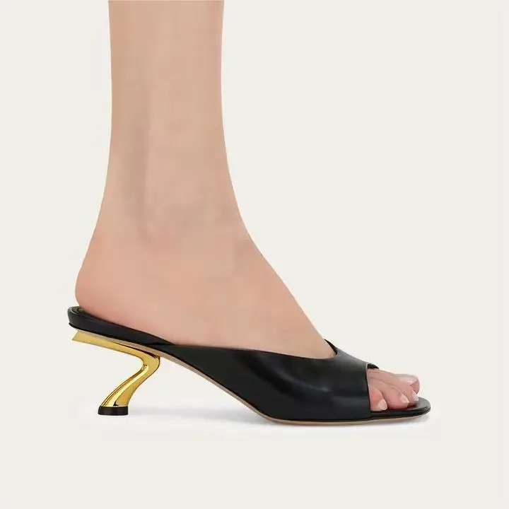 

French Style Round Toe Outdoor Summer Women Slippers Strange Style High Heels Slip On Design Large Size Fashion Show Shoes