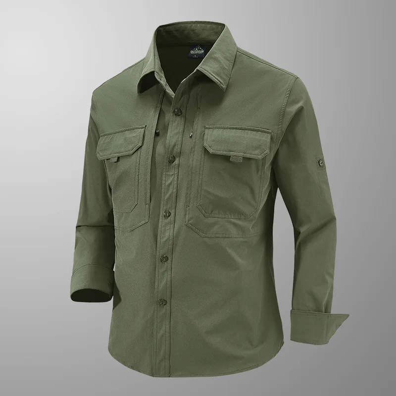 2026 Spring and Autumn Quick-Drying Elastic Outdoor Tooling Shirt Men's Multi-Pocket Jacket Long Sleeve Shirt