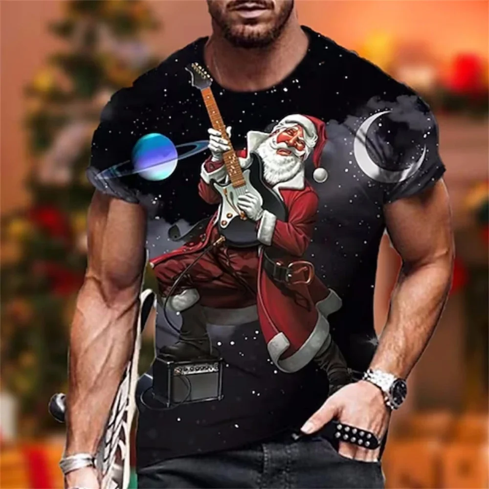 Men\'s Summer Christmas Print 3dt Shirt O Collar Short Sleeve Santa Claus Holiday Party Casual Loose Plus Size Top Clothing