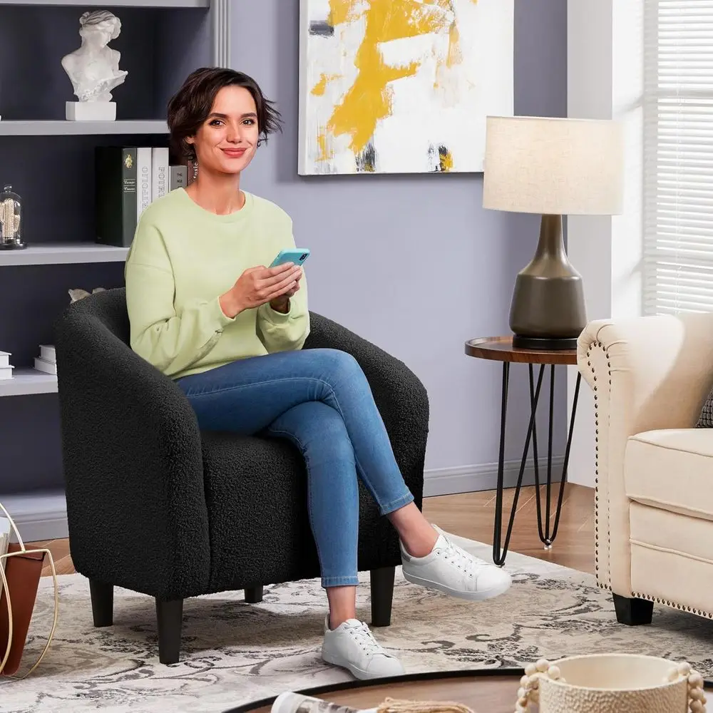 Sherpa Accent Chairs, Compact urry Barrel Chairs with a Curved Silhouette or Small Spaces, Living Room, Bedroom, Black