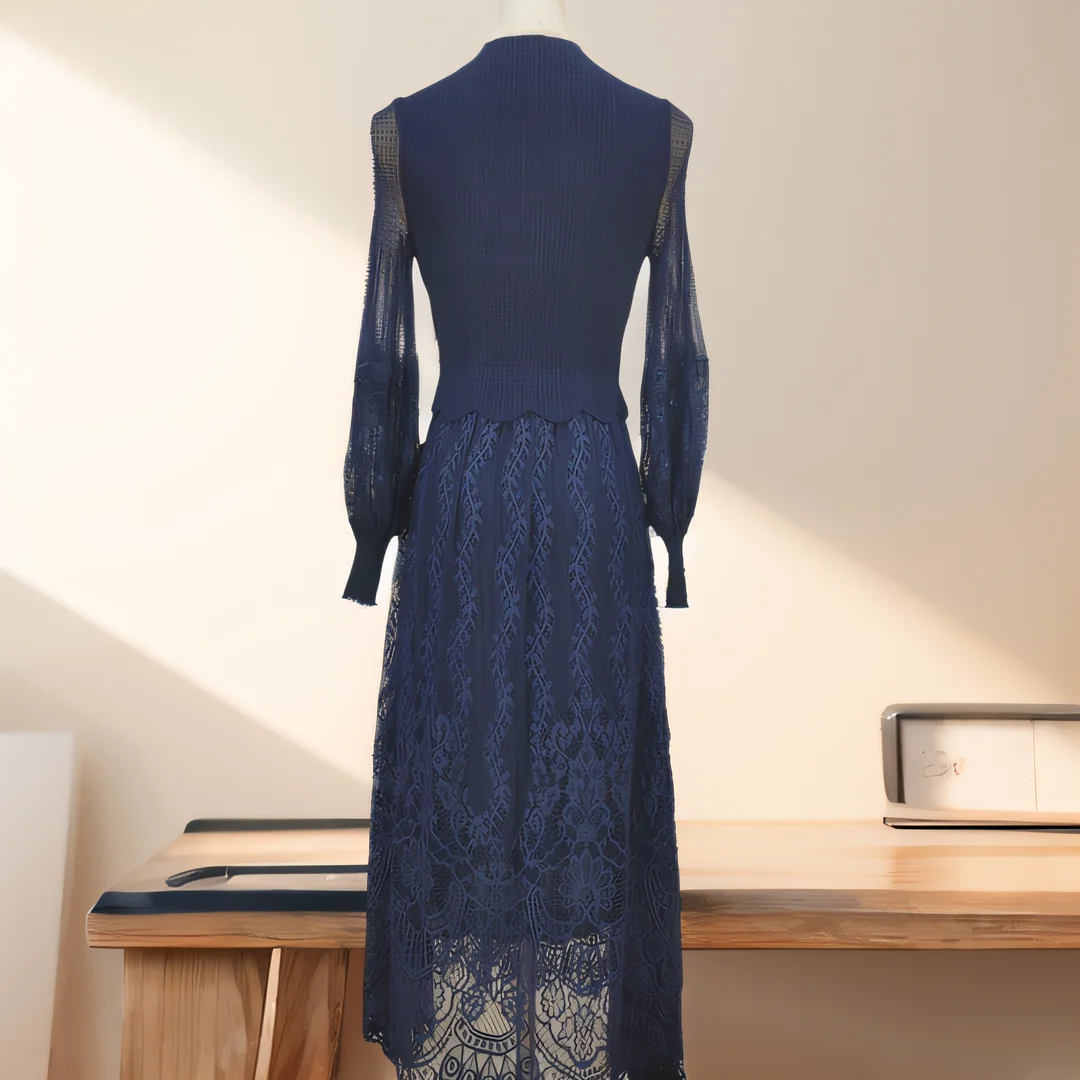 ZJYT Mesh Lace Patchwork Dress for Women Long Sleeve Spring Midi Dresses Elegant Vintage Casual Party Vestidos Femininos Blue