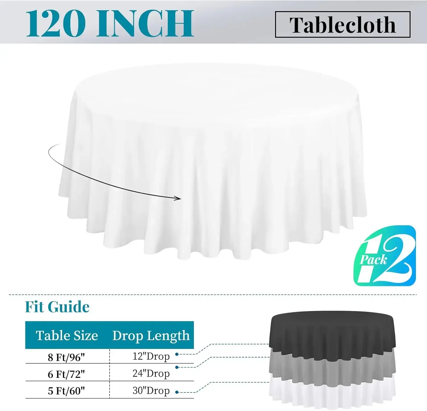 12 Pack 120 Inch Round Tablecloth, White Polyester Fabric Table Cloth for Round Table, Washable Table Cover for Wedding Par