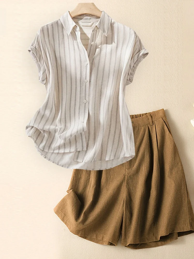 

Summer Casual Fashion Linen Cotton Stripe Print Top Shorts Women's Two-Piece Set Breathable Lightweight Comfortable Leisure Suit