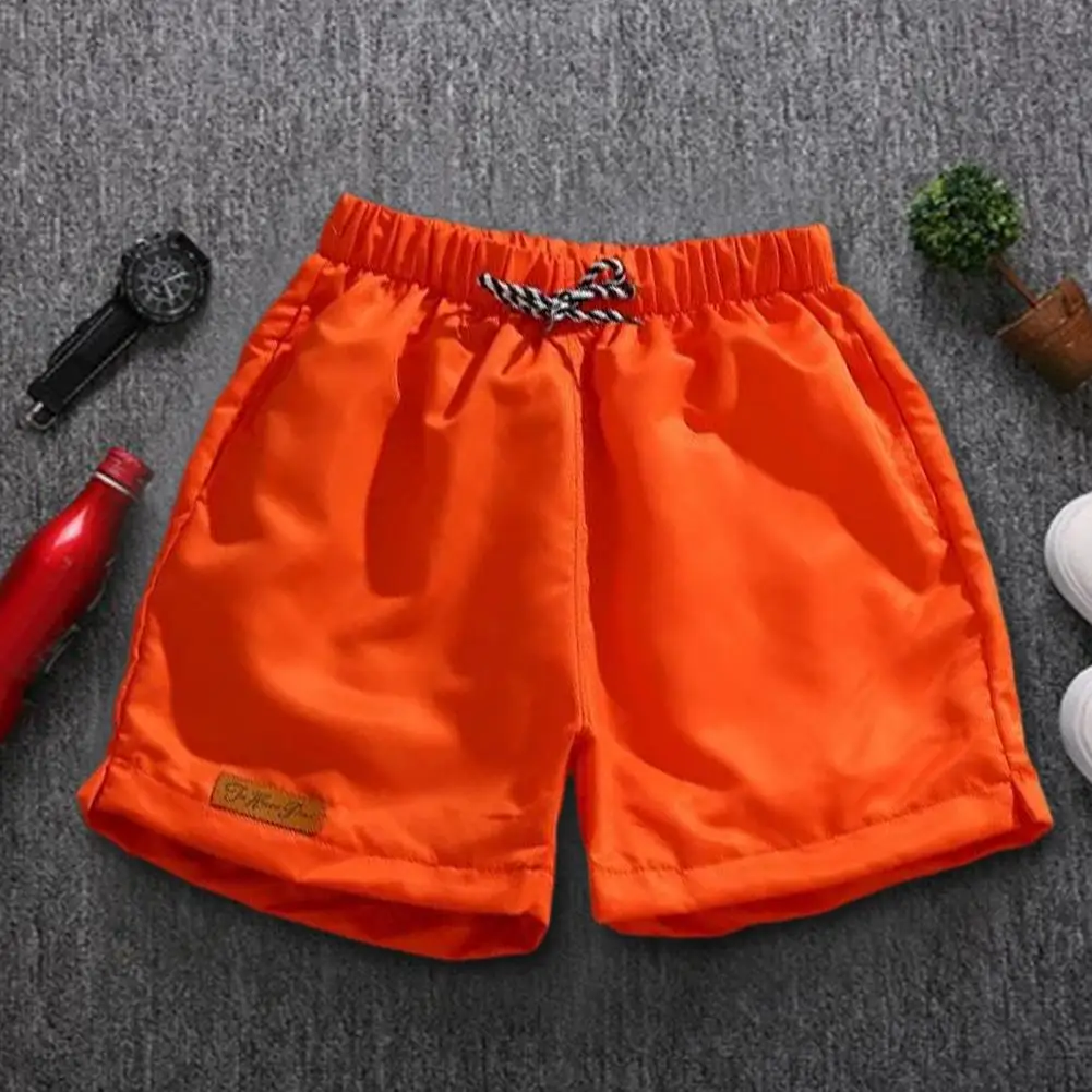 Solid Color Shorts Men's Elastic Waist Drawstring Beach Shorts with Pockets Wide Leg Surf Sports Shorts for Summer Logo Print