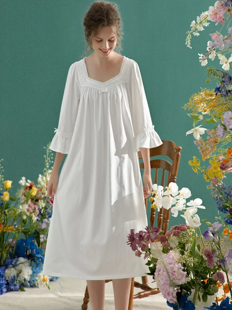 Vintage Soft Cotton Long Nightgowns For Women Spring Summer Three Quarter Elegant Sleeepwear Pregnant Night Dress Plus Size