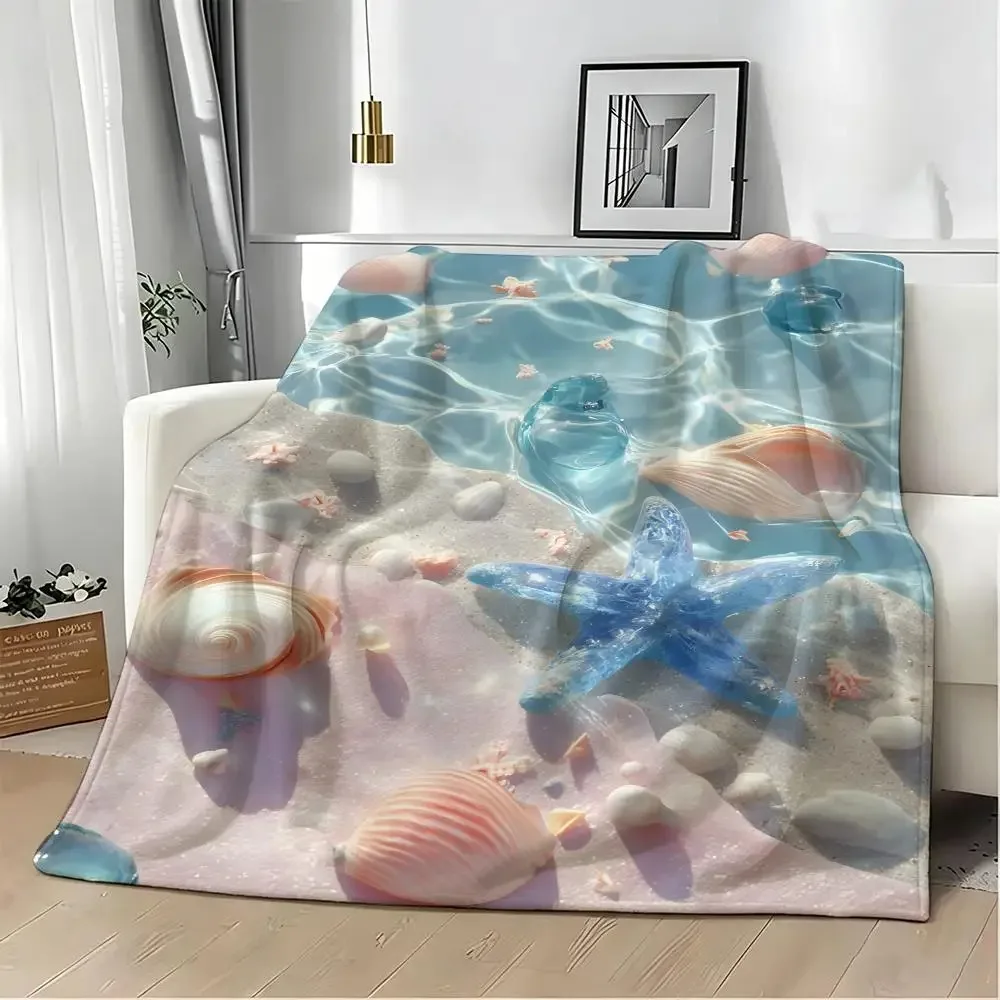 Blue Underwater Beach Print Flannel Blanket, Transparent Water Wave Seashell Starfish Pebble Soft Fleece Throw Blanket, Light Co