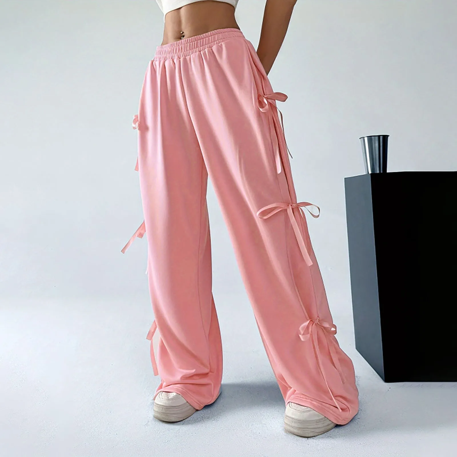 

Korean Style Harajuku Y2K Bow Strap Casual Trousers Retro Versatile High Waist Wide-leg Pants Baggy Sweatpants Streetwear Women