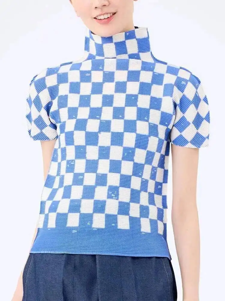 Short Sleeved Pleated Women's T-shirt 2025 New High Quality Plaid Printed Pullover Stand Collar Blue Tee Top 26ZR4