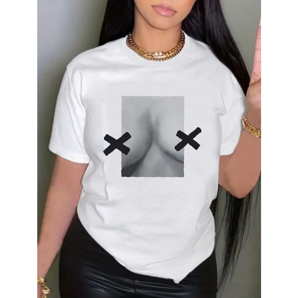 

2024 Women's Pure Cotton Harajuku Sexy Unrestrained Pattern Streetwear American Fashion T-shirt Short-sleeved Top Y2k Clothing
