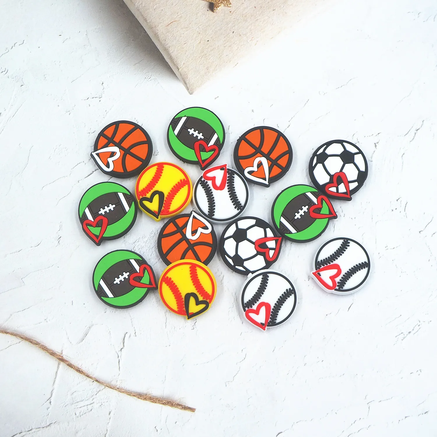 Chenkai 10PCS Love Baseball Soccer Silicone Focal Beads For Beadable Pen Silicone Charms for Pen Keychain Making Characters