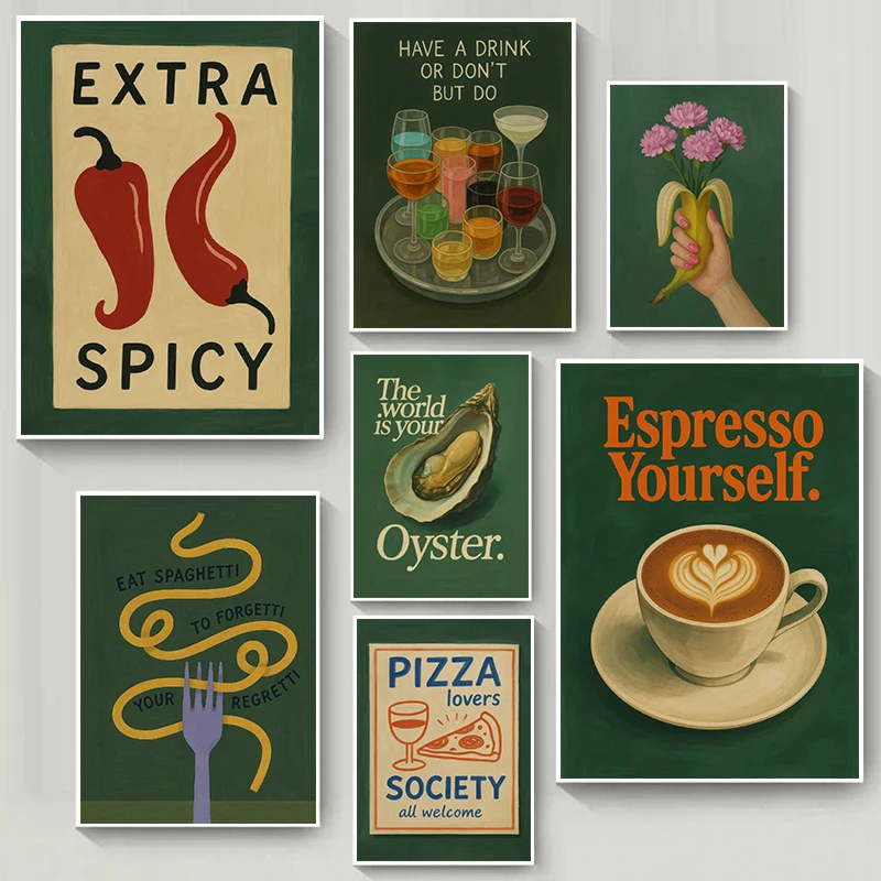 Retro Style Green Background Kitchen Still Life Coffee Drink Simple Poster Canvas Paintings Wall Art Pictures Home Decor