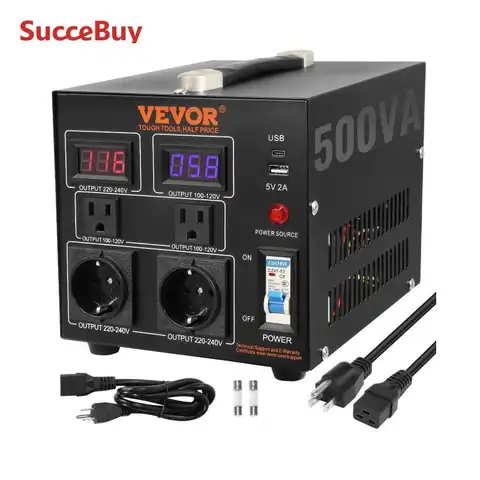SucceBuy Voltage Converter Transformer 500VA-5000VA Heavy Duty Step Up/Down Transformer with US&EU Outlet USB Port CE Certified