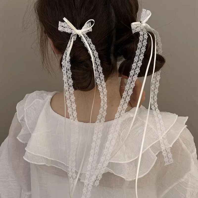 

2Pcs White Sweet Lace Long Bow Hair Clip Women Girls Ribbon Tassel Bowknot Hair Pins Braid Barrettes Trend Hollow Out Headwears
