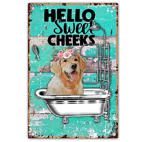 vizuzi Hello Sweet Cheeks Golden Retriever Dog Funny Bathroom Quote Retro Farmhouse Metal Tin Sign for Dog Lover, Dog Owner, Fri