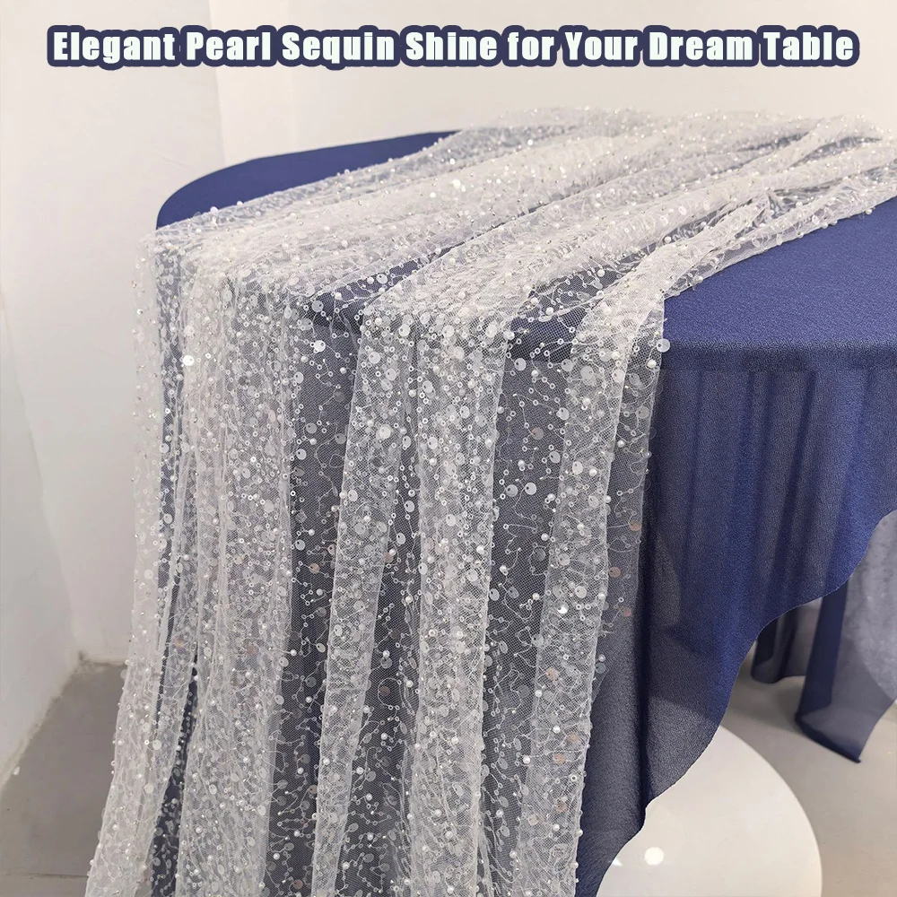 

Pearl Sequin Mesh Table Runner Sheer Tulle Wedding Dining Table Decor for Bridal Shower Christmas Party
