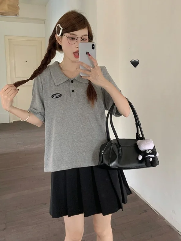 

plus Size Slimming Short Sleeve Knitwear Neck Summer Skirt Set High Waist A-Line Silhouette Korean Style Commute Fashion