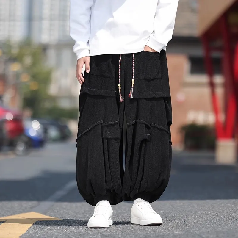 Autumn Vintage Corduroy Wide Leg Pants Men Solid Loose Drawstring Casual Pants Male Harajuku Hip Hop Jogging Streetwear Trousers