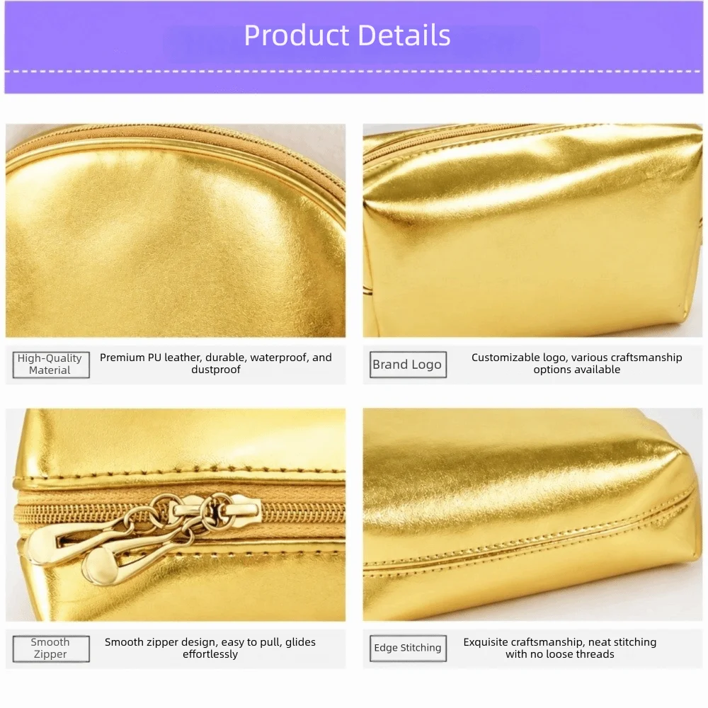 Portable Silver/Gold Handheld Makeup Bag Waterproof PU Leather Makeup Pouch Soft Zipper Closure Cosmetic Bag Cosmetic Storage