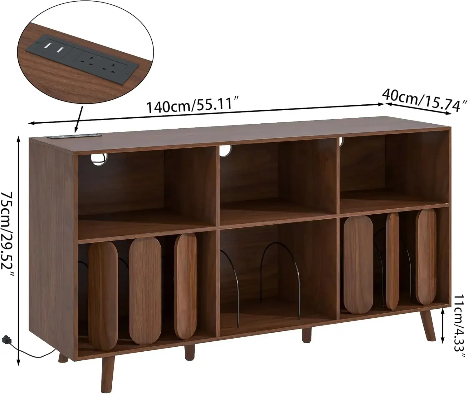 Large Record Player Stand, Vinyl Record Storage Holder with Power Outlet, Turntable Stand Record Stand Table (55.11''W)