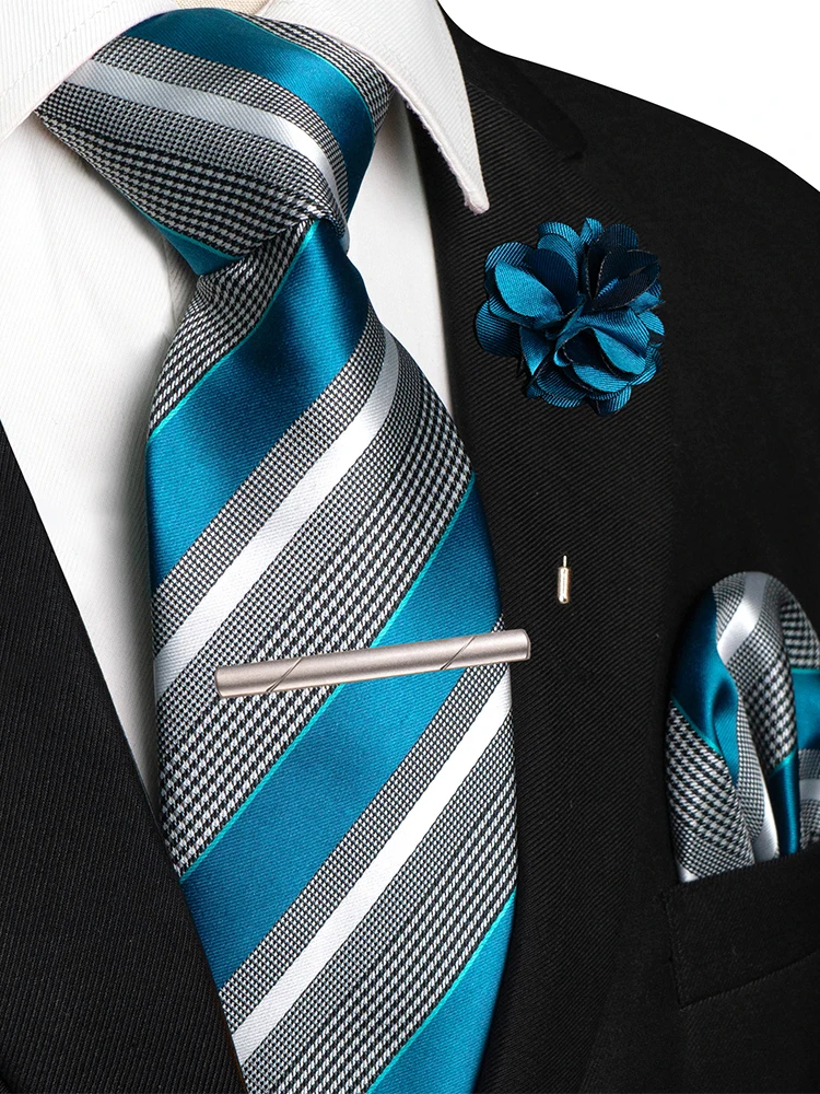 ﻿Luxury Purple Blue Striped Ties for Men 8cm Width Wedding Business Casual Necktie Pocket Square Brooch Set Men Gift Accessories