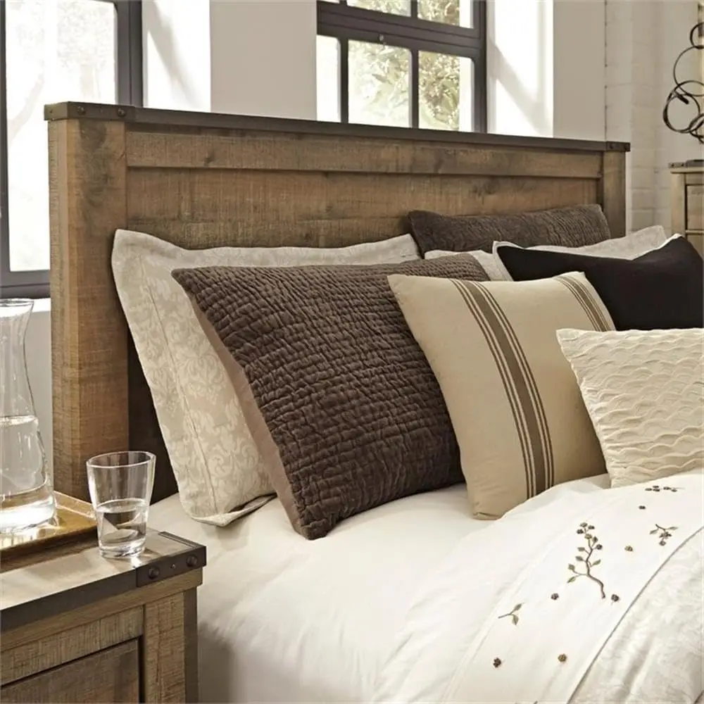 Queen Headboard Rustic Brown Veneer Wood Plank Nailhead Trim 53.82