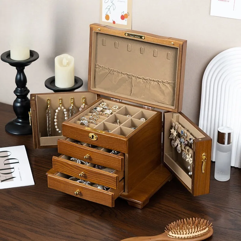 Solid wood jewelry box Large capacity wooden retro national style jewelry New wedding gift Practical box