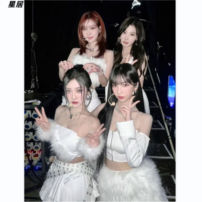 Kpop damska grupa jazzowa kostiumy do tańca biała smukła kamizelka krótkie bluzki seksowna na suwak krótka spódniczka występ na scenie stroje do klubów nocnych — zdjęcie 6