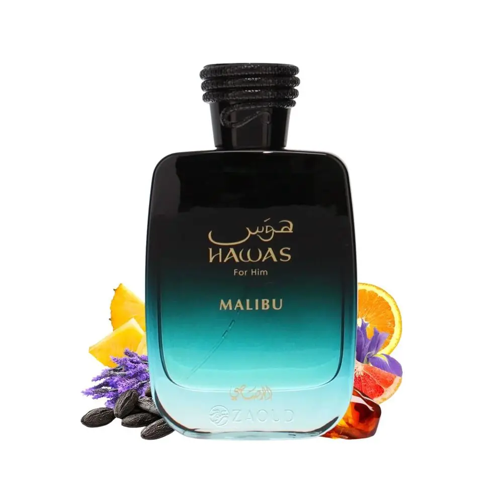 Perfume Rasasi Hawas Malibu EDP para Homens 100ml, Colônia Tropical Cítrica Amadeirada de Longa Duração, Caixa de Presente Luxuosa, Fragrância Masculina